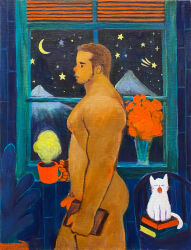 Rule 34 | 1boy, acrylic paint (medium), arms at sides, ass, bara, beard stubble, blank censor, book, book stack, cactus, cat, censored, coffee mug, completely nude, crescent moon, cup, curtains, dark-skinned male, dark skin, facial hair, feet out of frame, flaccid, flower, from side, highres, holding, holding book, holding cup, large pectorals, long sideburns, looking ahead, male focus, male pubic hair, mature male, moon, mount fuji, mountain, mug, muscular, muscular male, night, night sky, nipples, nude, orange flower, original, painting (medium), pectorals, penis, pubic hair, receding hairline, short hair, sideburns, sky, solo, sparse pubic hair, standing, star (sky), starry sky, stubble, thick eyebrows, thick thighs, thighs, torajiro art, traditional media, vase, walking, white cat, window, yawning