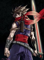 Rule 34 | 1boy, bandaged arm, bandages, belt, brown hair, indesign, looking at viewer, male focus, ninja, plasma sword, red scarf, scarf, signature, simple background, solo, spiked hair, strider (video game), strider hiryuu, sword, weapon