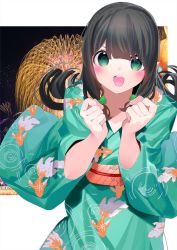 Rule 34 | 1girl, :d, aerial fireworks, animal print, black hair, blush, bow, chikuwa., clenched hands, commentary request, eyebrows hidden by hair, fireworks, fish print, goldfish print, green bow, green eyes, green kimono, hair bow, hands up, highres, japanese clothes, kimono, long hair, long sleeves, looking at viewer, night, night sky, obi, open mouth, original, print kimono, sash, sidelocks, sky, smile, solo, star (sky), starry sky, v-shaped eyebrows