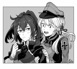 Rule 34 | 2girls, ascot, blush, closed mouth, flower, gloves, greyscale, hair between eyes, hat, kantai collection, long hair, long sleeves, low twintails, military, military uniform, monochrome, multiple girls, open mouth, peaked cap, prinz eugen (kancolle), rose, sheffield (kancolle), signature, twintails, uniform, upper body, yamada rei (rou)