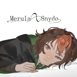 Rule 34 | 1girl, absurdres, brown hair, character name, closed mouth, commentary request, fingernails, green necktie, harry potter: hogwarts mystery, harry potter (series), highres, hogwarts school uniform, long sleeves, looking at viewer, lying, merula snyde, multicolored hair, mushoku, necktie, orange hair, purple eyes, school uniform, short hair, simple background, slytherin, solo, streaked hair, two-tone hair, uniform, white background, wizarding world