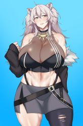 Rule 34 | 1girl, animal ears, areola slip, black shirt, black skirt, breasts, cleavage, coat, fur-trimmed jacket, fur trim, grey eyes, highres, hololive, jacket, large breasts, lion ears, lion girl, midriff, natedecock, navel, open clothes, open coat, piercing, see-through, see-through cleavage, shirt, shishiro botan, shishiro botan (1st costume), silver hair, single leg pantyhose, skirt, solo, thighs, virtual youtuber, zipper