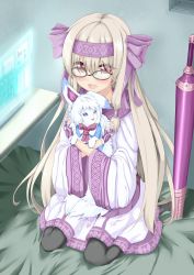 Rule 34 | 1girl, absurdres, ainu clothes, animal, bed, bed sheet, blonde hair, bow, creature, familiar, fate/grand order, fate (series), fingerless gloves, fou (fate), glasses, gloves, hair bow, hair ribbon, hairband, highres, holographic interface, illyasviel von einzbern, long hair, looking at viewer, nicoseiga18367041, pantyhose, purple gloves, red eyes, ribbon, scarf, screen, sheath, sheathed, sitonai (fate), sitonai (fate/grand order), smile, sword, touchscreen, twintails, weapon