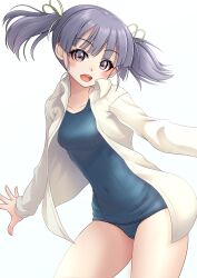 Rule 34 | 1girl, absurdres, breasts, collarbone, cowboy shot, grey hair, hair ribbon, highres, kantai collection, makura (y makura), ooshio (kancolle), open clothes, open mouth, open shirt, ribbon, school swimsuit, short hair, short twintails, small breasts, smile, swimsuit, swimsuit under clothes, twintails