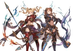 Rule 34 | 10s, 2girls, armor, armored boots, beatrix (granblue fantasy), belt, blonde hair, boots, breasts, brown eyes, brown hair, cleavage, detached sleeves, gauntlets, granblue fantasy, hand on own hip, headband, holding, holding weapon, long hair, looking at viewer, midriff, minaba hideo, multiple girls, navel, official art, overskirt, polearm, ponytail, revealing clothes, short sleeves, shorts, smile, spear, sword, twintails, weapon, zeta (granblue fantasy)