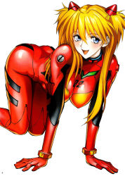 Rule 34 | 1girl, all fours, alternate breast size, ass, blonde hair, blue eyes, blush, bodysuit, bracer, breasts, covered erect nipples, eyelashes, female focus, gloves, hair between eyes, hair ornament, hanging breasts, happy, large breasts, legs, long hair, looking at viewer, neon genesis evangelion, open mouth, orange hair, pilot suit, plugsuit, scan, shiny clothes, shiosaba, simple background, skin tight, smile, solo, souryuu asuka langley, thighs, turtleneck, two side up, white background