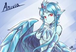 Rule 34 | 1girl, anivia, blue hair, breasts, harpy, league of legends, monster girl, nam (valckiry), personification, red eyes, short hair, short hair with long locks, solo, winged arms, wings