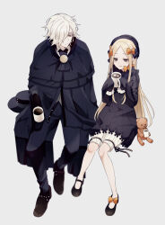 Rule 34 | 1boy, 1girl, abigail williams (fate), ascot, black ascot, blonde hair, blue eyes, bow, coffee, cup, edmond dantes (fate), fate/grand order, fate (series), food, grey background, hat, unworn hat, unworn headwear, highres, hot chocolate, marshmallow, orange bow, shoes, sitting, sleeves past fingers, sleeves past wrists, stuffed animal, stuffed toy, sumi (gfgf 045), teddy bear, tongue, tongue out, white hair, yellow eyes