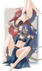 Rule 34 | 2girls, arabian clothes, bare shoulders, blue eyes, blue hair, blush, breasts, commentary, detached sleeves, earrings, english commentary, fire emblem, fire emblem awakening, hair between eyes, hair ornament, highres, jewelry, large breasts, long hair, looking at viewer, lucina (fire emblem), medium breasts, mouth veil, multiple girls, navel, nintendo, pomelomelon, red eyes, red hair, severa (fire emblem), simple background, slave, smile, star wars, tiara, twintails, veil, very long hair