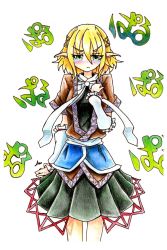 Rule 34 | 1girl, :&lt;, ^^^, arm warmers, blonde hair, bow, eyebrows, eyelashes, goku (acoloredpencil), gokuu (acoloredpencil), green eyes, hand on own chest, highres, looking at viewer, mizuhashi parsee, pointy ears, short hair, short sleeves, simple background, skirt, solo, tears, touhou, traditional media, tsurime, white background