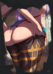 Rule 34 | 1girl, absurdres, ass, breasts, clothes pull, from behind, ganyu (genshin impact), genshin impact, head out of frame, highres, huge ass, large breasts, long hair, pantyhose, pantyhose pull, pov, purple hair, shiny skin, sideboob, solo, undressing, very long hair, voyeurism, xude