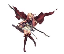 Rule 34 | 10s, 1girl, arisa (shadowverse), arrow (projectile), belt, blonde hair, bow, bow (weapon), cape, dress, elbow gloves, full body, gloves, granblue fantasy, green eyes, hair bow, highres, holding, holding weapon, long hair, looking at viewer, official art, quiver, shadowverse, short dress, simple background, skirt, sleeveless, solo, standing, sword, thighhighs, weapon, white background, zettai ryouiki