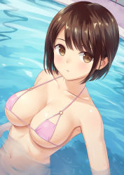 Rule 34 | 1girl, bikini, bob cut, breasts, brown eyes, brown hair, cleavage, collarbone, from above, halterneck, highres, large breasts, looking at viewer, n.g., navel, o-ring, o-ring bikini, o-ring top, original, outdoors, parted lips, partially submerged, pink bikini, short hair, solo, string bikini, swimsuit, upper body, water, wet