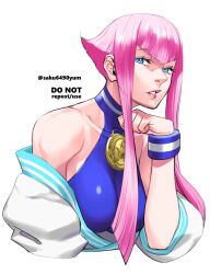 Rule 34 | 1girl, blue eyes, dougi, highres, hime cut, looking at viewer, manon legrand, medal, parted lips, pink hair, spandex, street fighter, street fighter 6, tombsakura, wristband