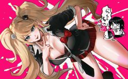 Rule 34 | 2girls, bear hair ornament, bent over, black bra, black necktie, black shirt, blonde hair, bow, bra, breasts, cleavage, danganronpa: trigger happy havoc, danganronpa (series), enoshima junko, grey necktie, hair ornament, hand on own hip, highres, ikusaba mukuro, kaminezu, large breasts, long hair, miniskirt, monokuma, multiple girls, necktie, pink background, red bow, red skirt, shirt, siblings, sisters, skirt, smile, solo focus, speech bubble, tongue, tongue out, translation request, twintails, underwear, v over mouth, white background