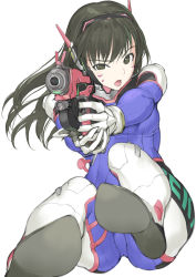 Rule 34 | 1girl, absurdres, ass, black eyes, black hair, bodysuit, breasts, d.va (overwatch), firing, gun, handgun, highres, holding, holding gun, holding weapon, incoming attack, lh 2c0, long hair, looking at viewer, open mouth, overwatch, overwatch 1, pistol, simple background, solo, weapon, white background