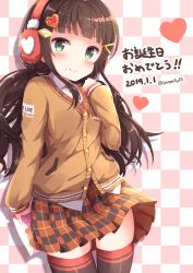 Rule 34 | 1girl, alternate hairstyle, black hair, black thighhighs, blunt bangs, blush, brown cardigan, brown skirt, cardigan, checkered background, clenched hand, clothes writing, commentary request, dated, drop shadow, emblem, green eyes, hair ornament, hairclip, hand on own shoulder, happy birthday, headphones, heart, heart hands, holding, holding behind back, holding letter, kurosawa dia, letter, long hair, long sleeves, looking at viewer, love letter, love live!, love live! school idol festival, love live! sunshine!!, mole, mole under mouth, niwasane (saneatsu03), holding behind back, plaid, plaid skirt, school uniform, skindentation, skirt, smile, solo, thighhighs, twintails, twitter username