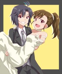Rule 34 | 2girls, :d, bad id, bad pixiv id, black hair, brown eyes, brown hair, butler, carrying, collar, collarbone, dars (recolors), dress, female butler, formal, futami mami, gloves, hair ornament, hand on another&#039;s shoulder, idolmaster, idolmaster (classic), kikuchi makoto, long hair, looking at viewer, multiple girls, necktie, open mouth, pointing, pointing at viewer, ponytail, princess carry, short hair, smile, strapless, strapless dress, suit, tailcoat, wedding dress, white dress, white gloves, yuri