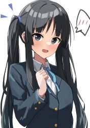 Rule 34 | 1girl, akiyama mio, alternate hairstyle, amenocchi, black eyes, black hair, blazer, blue jacket, blue ribbon, blue scrunchie, blush, collared shirt, commentary request, hair ornament, hair scrunchie, highres, jacket, k-on!, long hair, long sleeves, looking at viewer, neck ribbon, open mouth, ribbon, sakuragaoka high school uniform, school uniform, scrunchie, shirt, simple background, solo, tongue, twintails, upper body, white background, white shirt, winter uniform