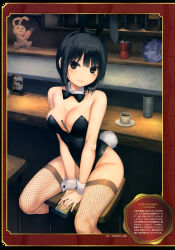 Rule 34 | 1girl, absurdres, animal ears, aoyama sumika, bare shoulders, between breasts, black hair, breasts, brown eyes, cleavage, closed mouth, coffee-kizoku, detached collar, fake tail, fishnet thighhighs, fishnets, hair ornament, highleg, highleg leotard, highres, indoors, leotard, lips, looking at viewer, mechanical pencil, medium breasts, original, pencil, rabbit ears, rabbit tail, scan, short hair, sitting, solo, strapless, strapless leotard, tail, thighhighs, wrist cuffs
