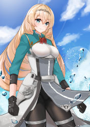 Rule 34 | 1girl, absurdres, aqua eyes, black gloves, black pantyhose, blonde hair, blue sky, breasts, cloud, corset, cropped jacket, day, dress shirt, flower, gloves, green jacket, highres, jacket, kantai collection, long hair, medium breasts, outdoors, overskirt, pantyhose, pelvic curtain, red flower, red rose, rose, shirt, sing152, skirt, sky, solo, standing, tiara, underskirt, victorious (kancolle), white shirt, white skirt