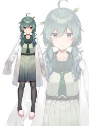 Rule 34 | 1girl, ahoge, black pantyhose, closed mouth, commentary request, green hair, green neckwear, green sailor collar, green serafuku, green shirt, green skirt, hair ornament, lab coat, leaf hair ornament, long hair, long sleeves, looking at viewer, low twintails, midorikawa you, open clothes, original, pantyhose, pleated skirt, sailor collar, school uniform, serafuku, shirt, simple background, skirt, sleeves past fingers, sleeves past wrists, slippers, solo, twintails, white background, white footwear, zoom layer