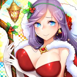 Rule 34 | 1girl, alcoholrang, bell, bell earrings, blue eyes, breast hold, breasts, cape, cleavage, earrings, elbow gloves, leblanc (league of legends), gloves, hairband, halftone, halftone background, holly, hood, jewelry, large breasts, league of legends, mistletoe, mistletoe leblanc, purple hair, smile, solo, sparkle, staff, upper body, white gloves