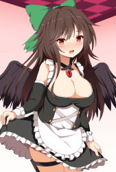 Rule 34 | alternate costume, bird wings, black wings, blush, bow, breasts, brown hair, cleavage, detached sleeves, dress, enmaided, green bow, guard vent jun, hair bow, highres, large breasts, long hair, maid, nose blush, red eyes, reiuji utsuho, skirt hold, solo, thigh strap, third eye, touhou, very long hair, wings