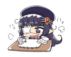 Rule 34 | 10s, 1girl, @ @, animated, animated gif, blunt bangs, bow, chan co, chibi, drawing, drooling, eyepatch, granblue fantasy, hair bow, harvin, hat, long hair, lunalu (granblue fantasy), mouth drool, open mouth, pen, pointy ears, purple eyes, purple hair, sketchbook, smile, solo