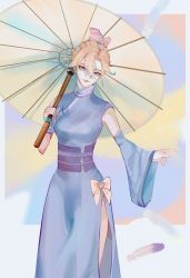 Rule 34 | 1girl, aged up, blonde hair, blue hair, bow, breasts, detached sleeves, enna alouette, floating hair, hair bun, highres, holding, holding umbrella, luxy (lucyddlucky), medium breasts, multicolored hair, nijisanji, nijisanji en, over shoulder, pointing, purple eyes, side slit, smile, solo, streaked hair, umbrella, virtual youtuber, white bow