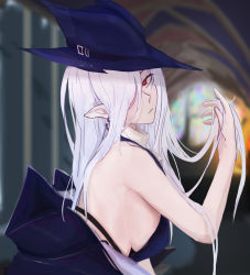 Rule 34 | 1girl, absurdres, arknights, bare arms, bare shoulders, blue headwear, breasts, chinese commentary, commentary request, gladiia (arknights), hair over one eye, head tilt, highres, long hair, looking at viewer, medium breasts, neven, no bra, pointy ears, red eyes, silver hair, solo, upper body