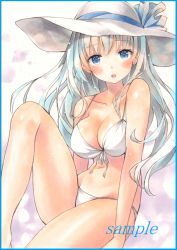 Rule 34 | 1girl, bad id, bad pixiv id, bikini, blue eyes, blue hair, blush, breasts, cleavage, collarbone, colored pencil (medium), front-tie bikini top, front-tie top, hat, knee up, large breasts, long hair, looking at viewer, marker (medium), open mouth, original, parted lips, potto, sample watermark, sitting, smile, solo, sun hat, swimsuit, teeth, thighs, traditional media, watermark, white bikini