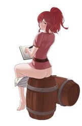 Rule 34 | 1girl, absurdres, anna (fire emblem), ass, barefoot, barrel, belt, book, commentary, commission, feathers, feet, fire emblem, highres, holding, holding feather, legs, long hair, looking at viewer, nintendo, pomelomelon, ponytail, red eyes, red hair, simple background, sitting, solo, thighs, toes, white background