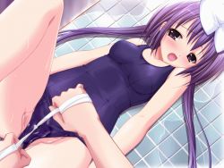 Rule 34 | 1girl, animated, animated gif, blush, crotch rub, long hair, lying, on back, open mouth, purple eyes, purple hair, school swimsuit, string, swimsuit, thighs, twintails, wedgie, wiping