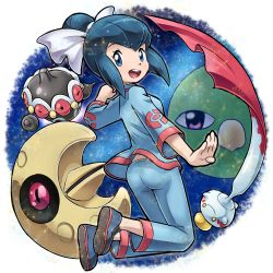 Rule 34 | 00s, 10s, 1girl, :d, ass, blue eyes, blue hair, bow, breasts, chimecho, claydol, clenched hand, creatures (company), from side, full body, game freak, gen 2 pokemon, gen 3 pokemon, gym leader, hair bow, hair bun, kneeling, liza (pokemon), looking at viewer, looking back, lunatone, natu, nintendo, open mouth, pants, poke ball print, pokemoa, pokemon, pokemon (creature), pokemon oras, pokemon rse, shirt, shoes, short hair, short hair with long locks, sidelocks, single hair bun, small breasts, smile, turtleneck