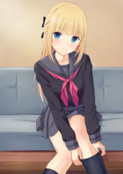 Rule 34 | 1girl, adjusting clothes, adjusting legwear, banned artist, black bow, black sailor collar, black serafuku, black shirt, black skirt, black socks, blonde hair, blouse, blue bow, blunt bangs, bow, closed mouth, collarbone, commentary request, hair bow, indoors, kneehighs, long hair, long sleeves, looking at viewer, n.g., neckerchief, original, paid reward available, pleated skirt, red neckerchief, sailor collar, school uniform, serafuku, shirt, sitting, skirt, sleeve cuffs, smile, socks, solo, straight hair
