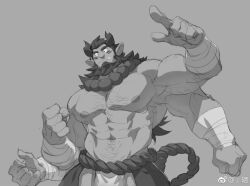 Rule 34 | 1boy, abs, bara, bead necklace, beads, beard, biceps, clenched hands, cowboy shot, crotchless, crotchless pants, demon boy, demon horns, extra arms, facial hair, greyscale, horns, index finger raised, jewelry, large hands, long beard, long hair, male focus, mature male, monochrome, muscular, muscular male, navel, navel hair, necklace, nipples, original, pants, rollingstonex6, solo, sparse chest hair, sparse navel hair, stomach, strongman waist, thick eyebrows, topless male, tusks