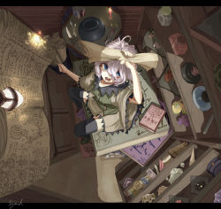 Rule 34 | 1girl, black thighhighs, blue eyes, book, candle, dagger, fake text, food, from above, fruit, glyph, hiiragi shou, horns, knife, letterboxed, looking at viewer, magic circle, open mouth, original, potion, robe, scroll, short hair, silver hair, single horn, sitting, skull, text focus, thighhighs, wand, weapon