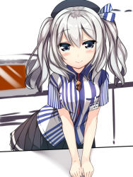 Rule 34 | 10s, 1girl, beret, blue eyes, blush, employee uniform, hat, kantai collection, kashima (kancolle), lawson, long hair, looking at viewer, name tag, pleated skirt, shirt, silver hair, skirt, smile, solo, striped clothes, striped shirt, twintails, uniform, usume shirou, vertical-striped clothes, vertical-striped shirt