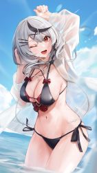 Rule 34 | 1girl, ;d, absurdres, bikini, black bikini, black hair, braid, breasts, cleavage, cloud, cowboy shot, day, grey hair, hair between eyes, hair ornament, highres, hololive, large breasts, long hair, looking at viewer, multicolored hair, navel, ocean, one eye closed, open clothes, open mouth, open shirt, sakamata chloe, shirt, sky, smile, solo, standing, stomach, streaked hair, swimsuit, virtual youtuber, wading, wanne, water, white shirt, x hair ornament