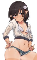 Rule 34 | 1girl, alternate costume, bikini, bikini top only, black hair, blouse, blush, bra, breasts, brown eyes, collarbone, contemporary, long sleeves, looking at viewer, midriff, navel, open clothes, open shirt, pointy ears, pom pom (clothes), see-through, shameimaru aya, shirt, short shorts, shorts, simple background, small breasts, smile, solo, strap pull, swimsuit, touhou, toujou (toujou ramen), underboob, underwear, undressing, wet, wet clothes, wet shirt, white background, white bra
