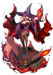 Rule 34 | 1girl, arc system works, black sclera, blazblue, blazblue: central fiction, breasts, cape, cleavage, colored sclera, female focus, fire, hat, hi no kagutsuchi, konoe a. mercury, large breasts, official art, phantom (blazblue), pink hair, purple cape, solo, witch hat