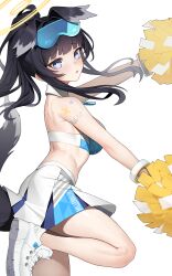 Rule 34 | 1girl, absurdres, animal ears, back, bare arms, bare legs, bare shoulders, black hair, blue archive, blue eyes, bright pupils, cheerleader, crop top, detached collar, dog ears, dog tail, extra ears, facial mark, floating hair, from side, goggles, goggles on head, halo, hibiki (blue archive), hibiki (cheer squad) (blue archive), highres, holding, holding pom poms, leg up, legs, long hair, looking at viewer, looking to the side, median furrow, midriff, millennium cheerleader outfit (blue archive), miniskirt, official alternate costume, open mouth, outstretched arms, pleated skirt, pom pom (cheerleading), pom poms, ponytail, sbbs, shirt, shoes, shoulder tattoo, sidelocks, simple background, skirt, sleeveless, sleeveless shirt, sneakers, solo, tail, tattoo, thighs, two-tone shirt, white background, white footwear, white shirt, white skirt, wrist cuffs