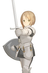 Rule 34 | 1girl, armor, blonde hair, breastplate, closed mouth, cowboy shot, faulds, greaves, green eyes, holding, holding sword, holding weapon, km yama, looking at viewer, original, plate armor, shield, shoulder armor, simple background, solo, pauldrons, standing, sword, weapon, white background