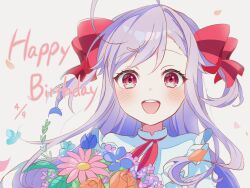 Rule 34 | 1girl, :d, ahoge, blue flower, blush, bouquet, bow, commentary request, dated, dot nose, falling petals, flower, frilled shirt, frills, hair bow, happy, happy birthday, highres, holding, holding bouquet, long hair, looking at viewer, neck ribbon, nfziy5nuppdlqqc, niizuma yae, open mouth, orange flower, petals, pink eyes, pink flower, purple flower, purple hair, raised eyebrows, red bow, red ribbon, ribbon, shirt, smile, solo, straight-on, swept bangs, teeth, two side up, upper body, upper teeth only, white background, white shirt, world dai star