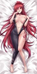 Rule 34 | 1girl, absurdres, arm tattoo, asymmetrical clothes, barefoot, blush, bodysuit, breasts, choker, cleavage, earrings, elesis (elsword), elsword, finger in own mouth, flame lord (elsword), full body, hands up, highres, jewelry, knees together feet apart, large breasts, leg tattoo, long hair, messy hair, navel, nipples, on bed, one breast out, pinkmarine, pussy juice, red eyes, red hair, single pantsleg, solo, tattoo, unzipped, very long hair