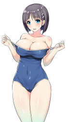 Rule 34 | 10s, 1girl, bare shoulders, black hair, blue eyes, blush, breast lift, breasts, cleavage, clothes pull, collarbone, competition school swimsuit, curvy, female focus, hair ornament, hairclip, highres, kawase seiki, kirigaya suguha, large breasts, looking at viewer, off shoulder, one-piece swimsuit, one-piece swimsuit pull, open mouth, school swimsuit, short hair, smile, solo, standing, strap pull, swimsuit, sword art online, teasing, undressing, wide hips
