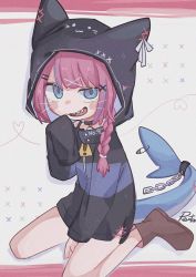 Rule 34 | 1girl, :d, animal ears, animal hood, black choker, black jacket, blue eyes, blue hair, blush stickers, boots, braid, brown footwear, chain, choker, commentary request, fake animal ears, fins, fish tail, grey background, hair ornament, hairclip, hand up, hood, hood down, hooded jacket, jacket, long hair, long sleeves, looking at viewer, multicolored hair, open mouth, original, pink hair, raftor cha, shark tail, sharp teeth, sign, signature, single braid, sitting, sleeves past fingers, sleeves past wrists, smile, solo, streaked hair, tail, teeth, wariza, warning sign, whiskers, x hair ornament