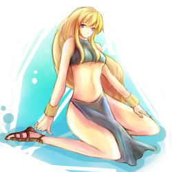 Rule 34 | 1girl, agrias oaks, are (gunnersbloom), are (pixiv989393), bare shoulders, blonde hair, blue eyes, breasts, dancer, dancer (fft), female focus, final fantasy, final fantasy tactics, loincloth, long hair, lowres, midriff, sandals, sitting, solo, tank top, very long hair, wristband