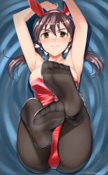 Rule 34 | 1girl, animal ears, armpits, artist name, ass, bare shoulders, black pantyhose, blush, breasts, brown eyes, brown hair, closed mouth, fake animal ears, feet, gertrud barkhorn, hair ornament, hair ribbon, highres, hiroshi (hunter-of-kct), large breasts, leotard, looking at viewer, lying, no shoes, on back, pantyhose, playboy bunny, rabbit ears, red leotard, ribbon, smile, soles, solo, strike witches, tagme, twintails, world witches series